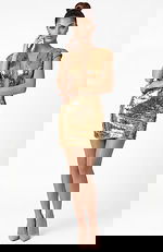 Front view of fitted sequin dress with deep V neckline and cap sleeves