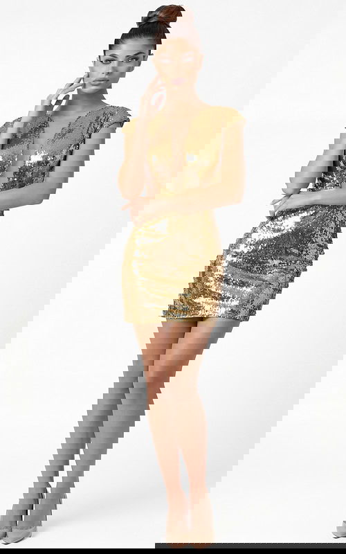 Front view of fitted sequin dress with deep V neckline and cap sleeves