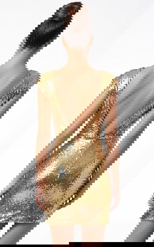Back view of sequin dress with open V back and smooth fitted silhouette