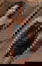 Strapless faux leather corset dress with sheer inset and draped skirt