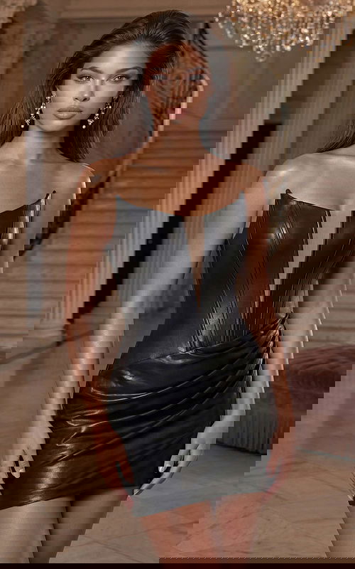 Strapless faux leather corset dress with sheer inset and draped skirt