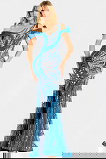 Beaded mermaid gown with asymmetric neckline and shimmering leaf design