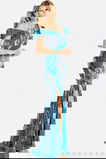 Elegant fitted evening dress featuring silver and blue glitter detailing