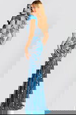 Off shoulder blue sequin gown with swirling bead patterns and front slit