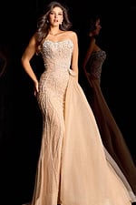Sophisticated strapless gown with intricate pearl detailing and illusion bodice