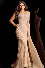 Glamorous long dress with cascading beads and flowing sheer train