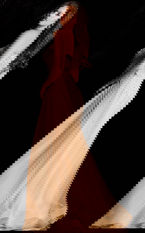 Strapless beaded gown with pearl and crystal embellishments and sheer overlay