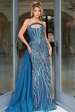 Fitted beaded gown with structured bodice and glittering embellishments