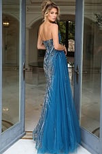Strapless beaded gown with sheer corset bodice and flowing side drape