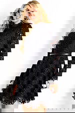 Beaded black lace dress with scalloped hem and fitted waist