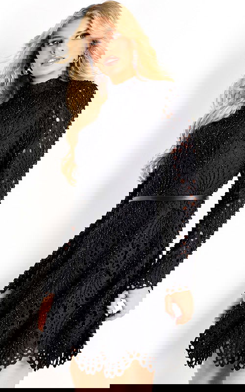 Beaded black lace dress with scalloped hem and fitted waist