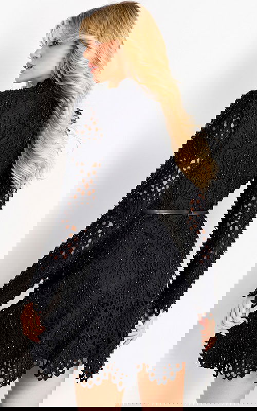 Black lace mini dress with high neckline and long sleeves