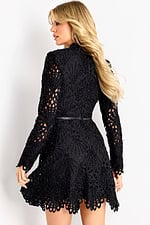 Black lace mini dress with high neckline and long sleeves