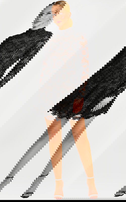 front view of black lace dress 46900