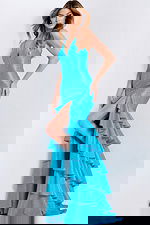 Sparkling Blue Prom Dress With Deep V Neckline