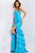 Sparkling Blue Prom Dress With Deep V Neckline