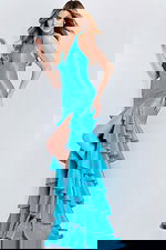 V Neck Tiered Blue Prom Dress With High Slit