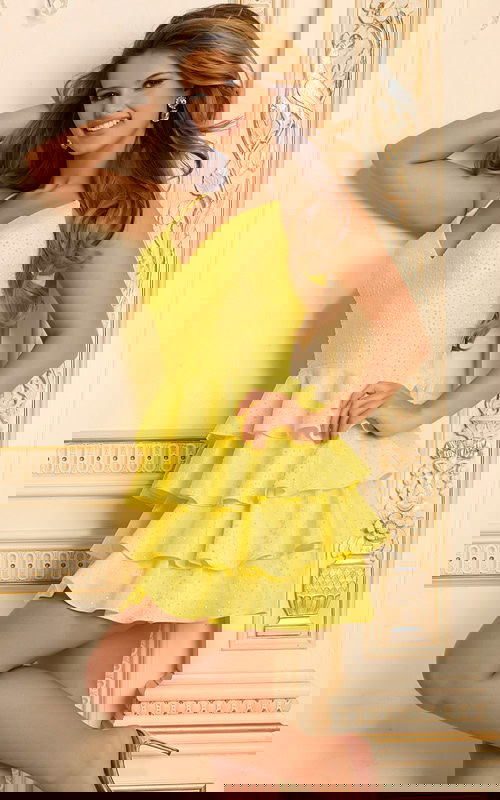 yellow tiered fit and flare short dress 46910