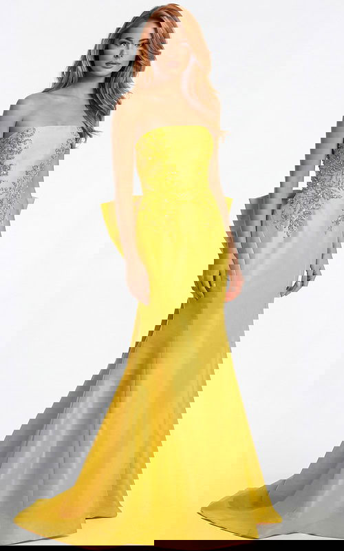 Column gown with oversized bow detail and open back design