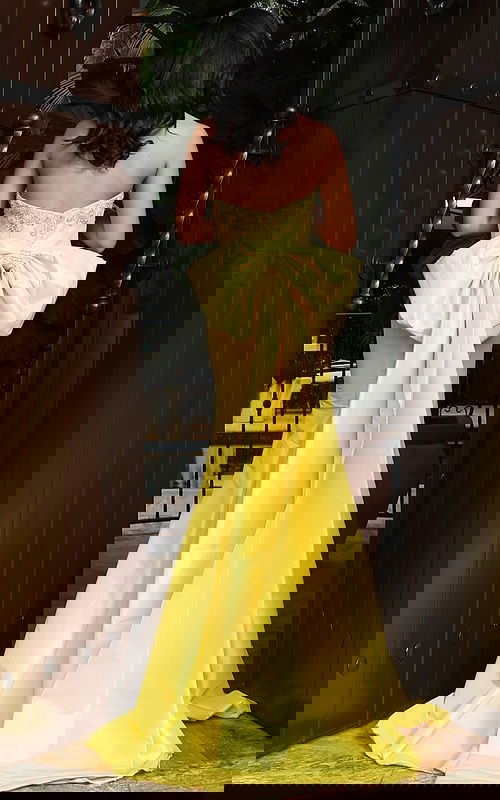 yellow long mermaid dress with bow details 46982