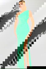 green one shoulder high slit dress 47013