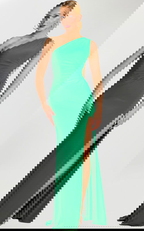 green one shoulder high slit dress 47013