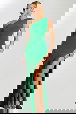 green fitted one shoulder dress with high side slit 47013
