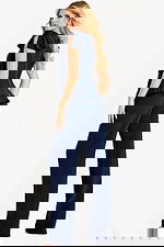 Navy blue jumpsuit with flutter sleeves and pleated peplum waist