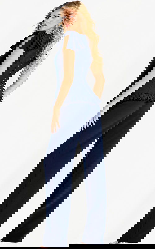 Navy blue jumpsuit with flutter sleeves and pleated peplum waist