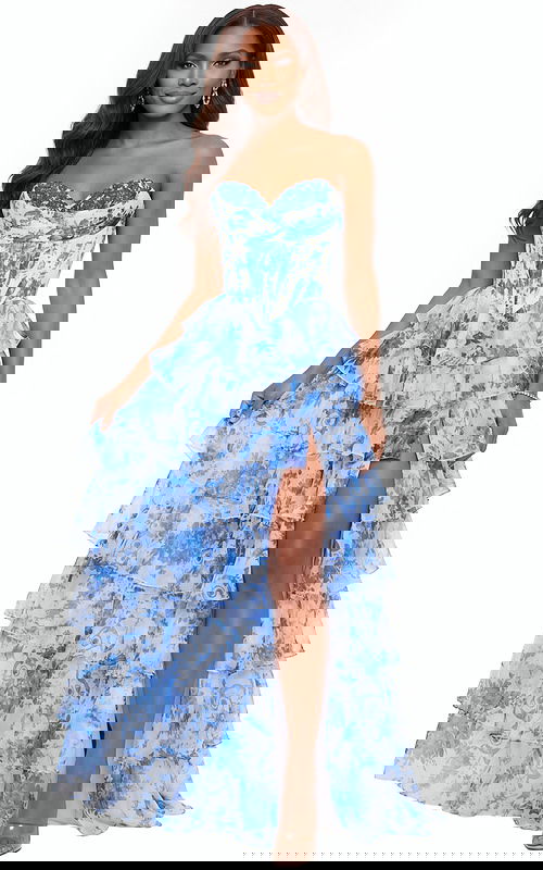 blue multi strapless high slit a line dress 47029