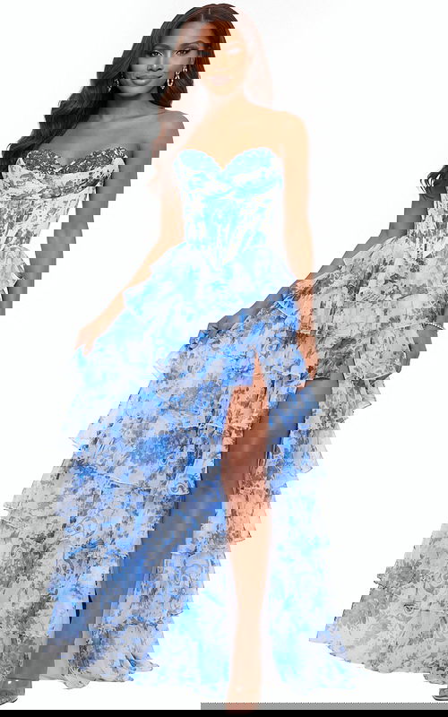 blue multi strapless high slit a line dress 47029