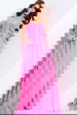 Elegant strapless pink prom gown with front drape and soft chiffon fabric