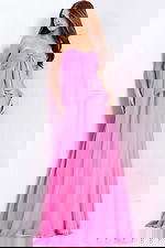 Back view of pink chiffon prom dress with gathered bodice and long train