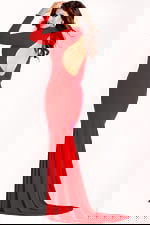 Long sleeve red gown with high neckline and sleek fitted silhouette