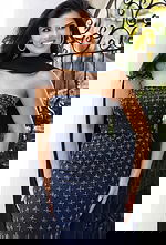 close up view of strapless navy beaded dress 47088