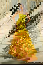 Structured strapless gown with dramatic flared hem