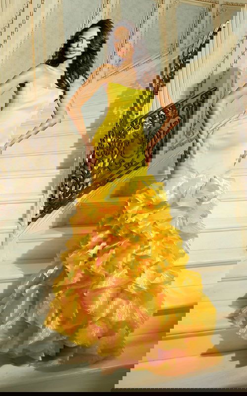 Structured strapless gown with dramatic flared hem