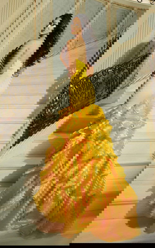 Strapless fit and flare gown with tiered ruffle skirt