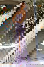 Lilac floral embellished gown with corset bodice and tiered slit skirt