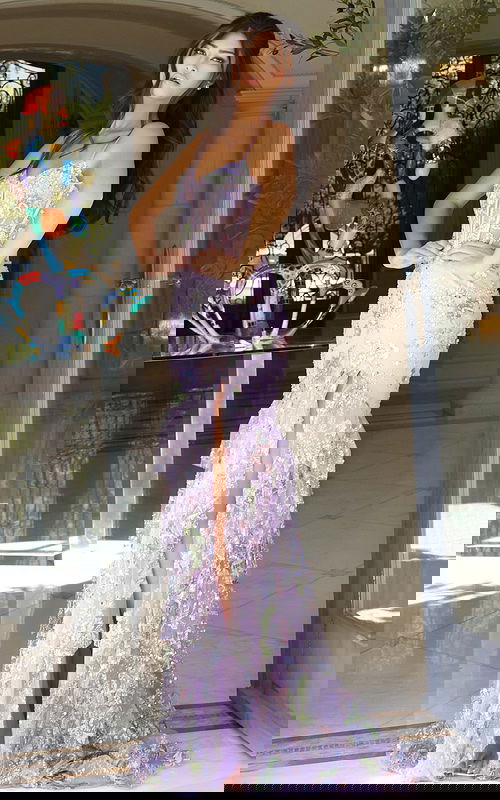 Lilac floral embellished gown with corset bodice and tiered slit skirt