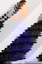 back of layered skirt navy ball gown Strapless navy tiered ball gown 47139