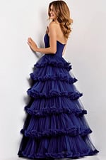 back of layered skirt navy ball gown Strapless navy tiered ball gown 47139