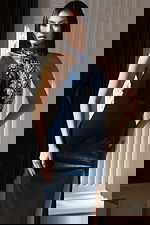 Velvet navy halter dress with sequin embroidery and sleek silhouette