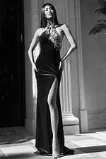 Navy blue evening gown with side slit and embellished bodice