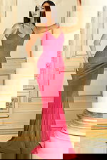 Shimmering fitted gown with plunging back and sweeping train