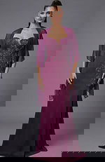 Front view of strapless evening gown with detailed beadwork and long skirt