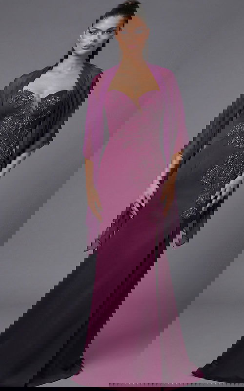 Front view of strapless evening gown with detailed beadwork and long skirt