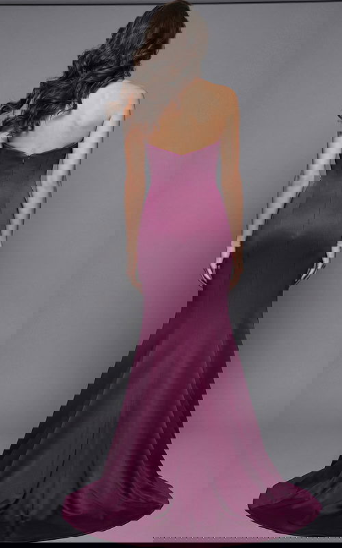 Back view of strapless fitted gown with smooth silhouette and flowing hem