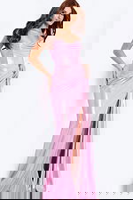 Strapless pink shimmer prom dress with draped neckline and high slit