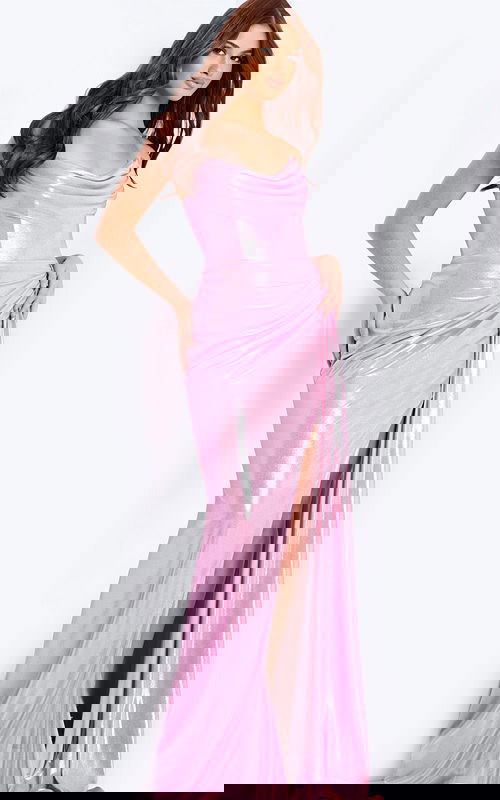 Strapless pink shimmer prom dress with draped neckline and high slit